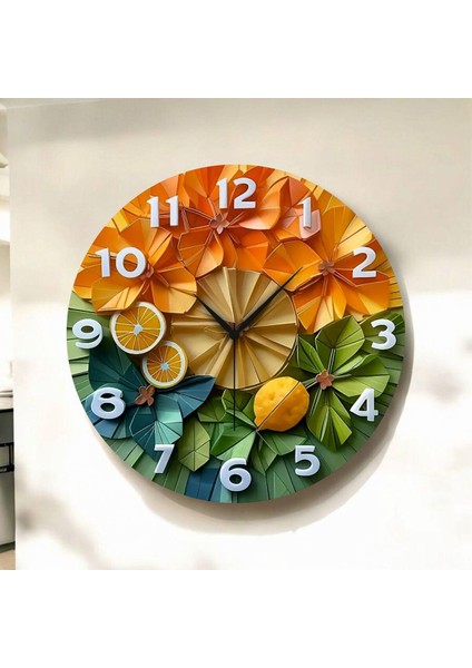 Renkli Baskı Meyve Sebze Desenli Sayılı Hediyelik Ahşap Sessiz Duvar Saati 50CM