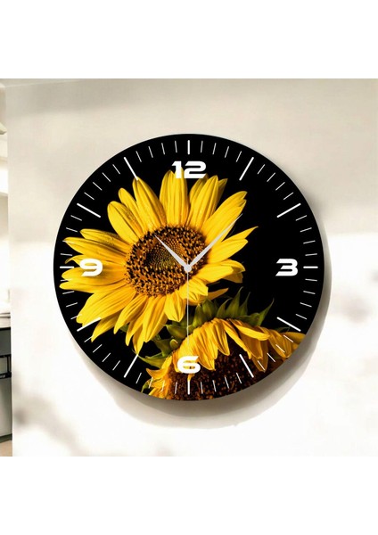 Renkli Baskı Ayçiçek Desenli Sayılı Hediyelik Ahşap Sessiz Duvar Saati 50CM