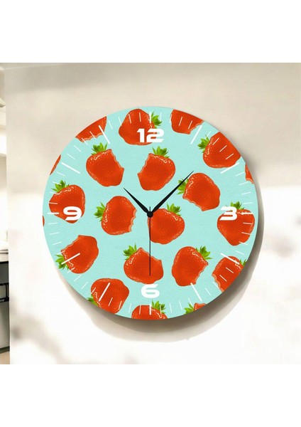 Renkli Baskı Çilek Meyve Desenli Sayılı Hediyelik Ahşap Sessiz Duvar Saati 50CM