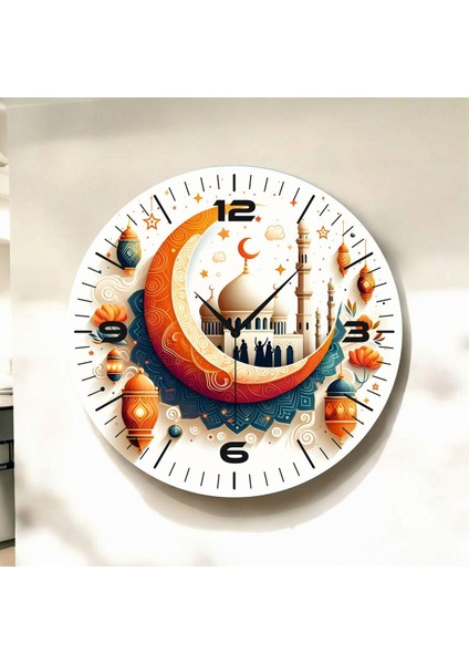 Renkli Baskı Dini Desenli Sayılı Hediyelik Ahşap Sessiz Duvar Saati 45CM