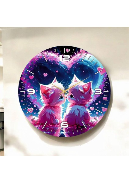 Mor Renkli Baskı Kedi Desenli Sayılı Hediyelik Ahşap Sessiz Duvar Saati 50CM