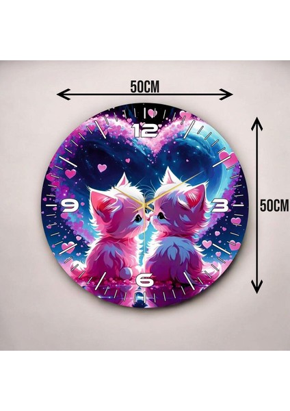 Mor Renkli Baskı Kedi Desenli Sayılı Hediyelik Ahşap Sessiz Duvar Saati 50CM modelleri