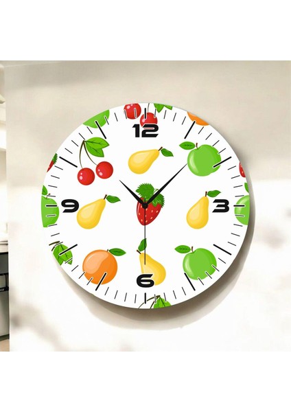Renkli Baskı Meyve Desenli Sayılı Hediyelik Ahşap Sessiz Duvar Saati 50CM