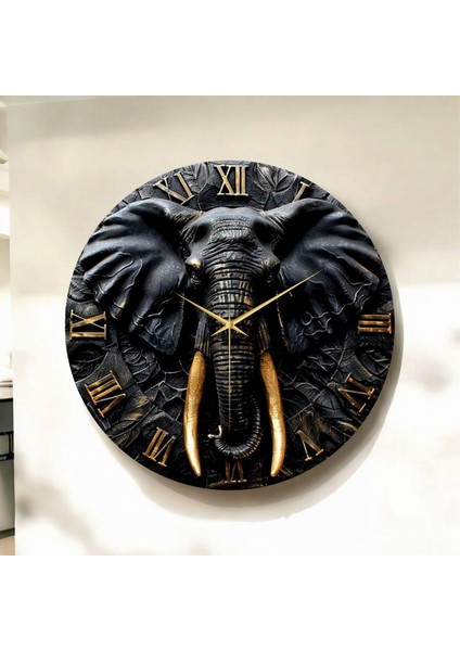 Kabartma Görünümlü Renkli Baskı Fil Hayvan Desenli Sayılı Hediyelik Ahşap Sessiz Duvar Saati 45CM