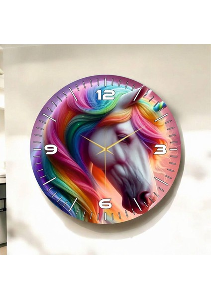 Renkli Baskı At Desenli Sayılı Hediyelik Ahşap Sessiz Duvar Saati 45CM
