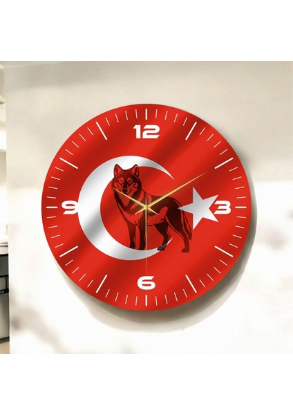 Kırmızı Renkli Baskı Bozkurt Türk Bayrağı Desenli Sayılı Hediyelik Ahşap Sessiz Duvar Saati 45CM