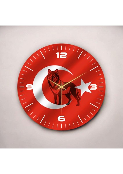 Kırmızı Renkli Baskı Bozkurt Türk Bayrağı Desenli Sayılı Hediyelik Ahşap Sessiz Duvar Saati 45CM fiyatları