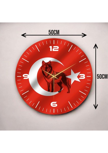 Kırmızı Renkli Baskı Bozkurt Türk Bayrağı Desenli Sayılı Hediyelik Ahşap Sessiz Duvar Saati 45CM modelleri