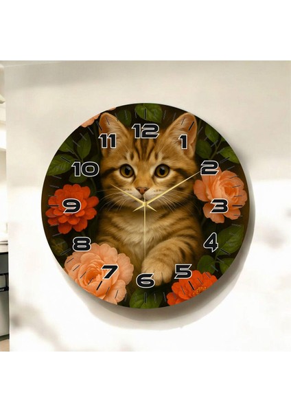 Renkli Baskı Kedi Çiçek Desenli Sayılı Hediyelik Ahşap Sessiz Duvar Saati 50CM