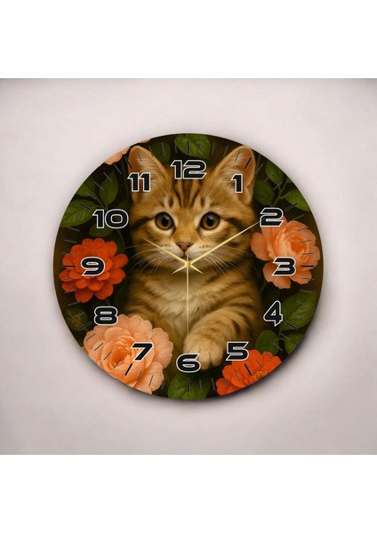 Renkli Baskı Kedi Çiçek Desenli Sayılı Hediyelik Ahşap Sessiz Duvar Saati 50CM fiyatları
