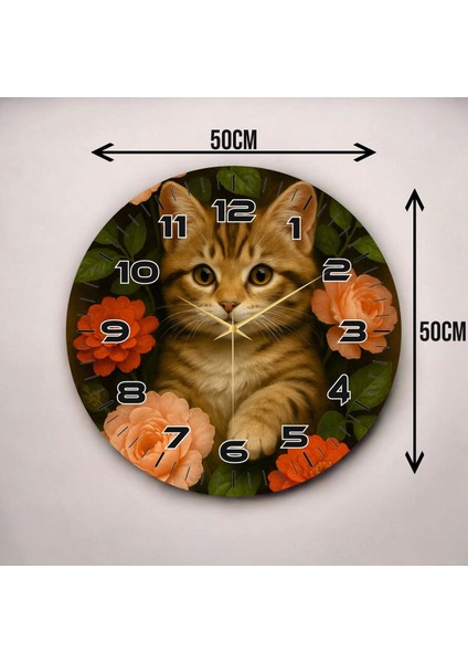 Renkli Baskı Kedi Çiçek Desenli Sayılı Hediyelik Ahşap Sessiz Duvar Saati 50CM modelleri
