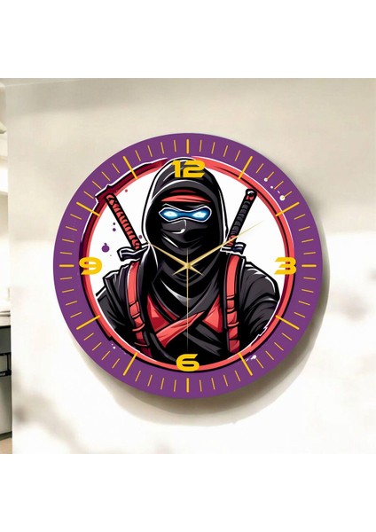 Renkli Baskı Gamer Oyuncu Ninja Desenli Sayılı Hediyelik Ahşap Sessiz Duvar Saati 45CM