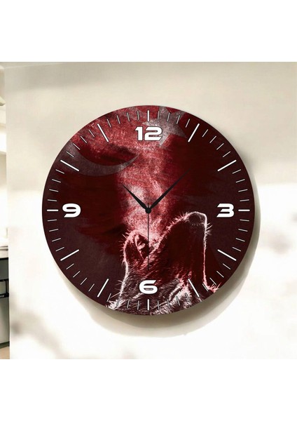 Renkli Baskı Bozkurt Desenli Sayılı Hediyelik Ahşap Sessiz Duvar Saati 45CM