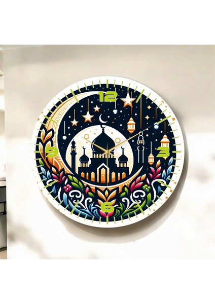 Renkli Baskı Dini Desenli Sayılı Hediyelik Ahşap Sessiz Duvar Saati 50CM