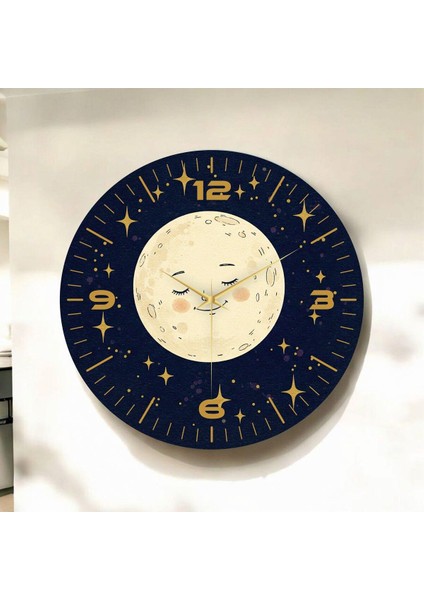 Renkli Baskı Ay Desenli Sayılı Hediyelik Ahşap Sessiz Duvar Saati 50CM