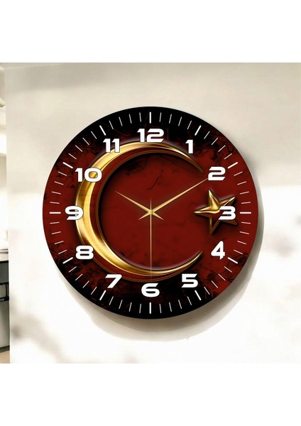Renkli Baskı Ay Yıldız Desenli Sayılı Hediyelik Ahşap Sessiz Duvar Saati 45CM