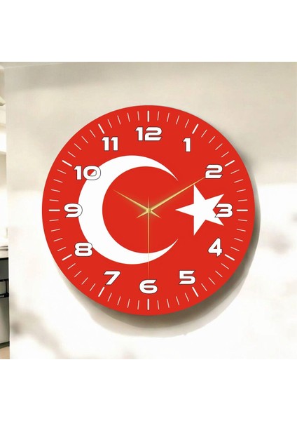 Sade Kırmızı Renkli Baskı Türk Bayrağı Desenli Sayılı Hediyelik Ahşap Sessiz Duvar Saati 50CM