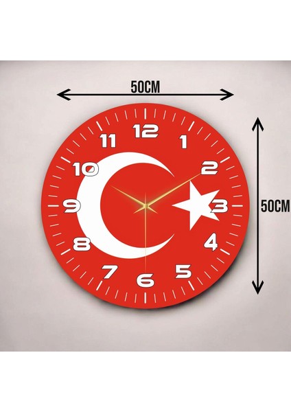 Sade Kırmızı Renkli Baskı Türk Bayrağı Desenli Sayılı Hediyelik Ahşap Sessiz Duvar Saati 50CM modelleri