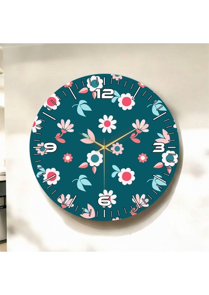 Renkli Baskı Çiçek Desenli Sayılı Hediyelik Ahşap Sessiz Duvar Saati 50CM