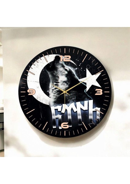 Renkli Baskı Bozkurt Türk Bayrağı Desenli Sayılı Hediyelik Ahşap Sessiz Duvar Saati 45CM