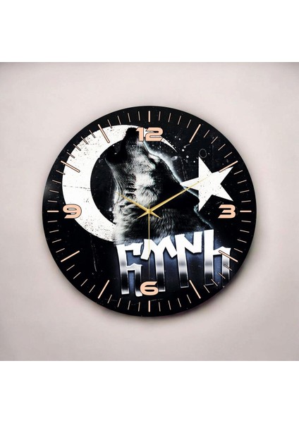 Renkli Baskı Bozkurt Türk Bayrağı Desenli Sayılı Hediyelik Ahşap Sessiz Duvar Saati 45CM fiyatları