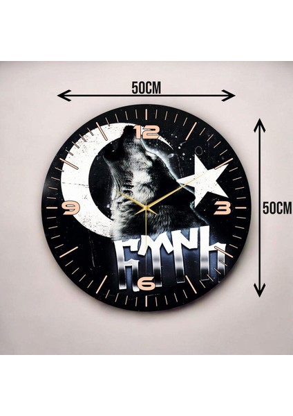 Renkli Baskı Bozkurt Türk Bayrağı Desenli Sayılı Hediyelik Ahşap Sessiz Duvar Saati 45CM modelleri