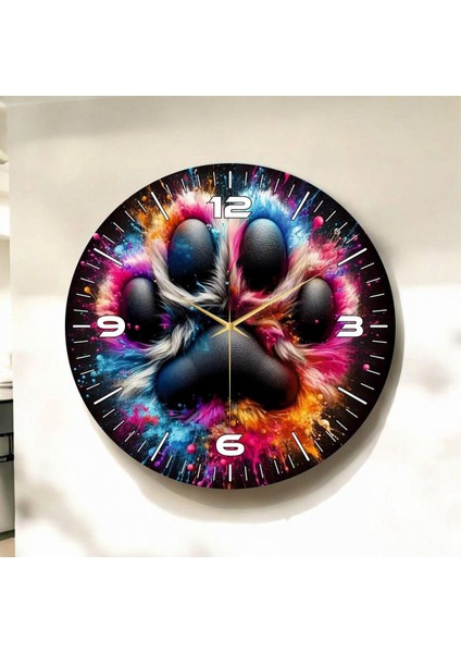 Renkli Baskı Kedi Pati Çocuk Desenli Sayılı Hediyelik Ahşap Sessiz Duvar Saati 45CM