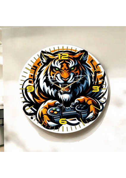 Renkli Baskı Gamer Kaplan Desenli Sayılı Hediyelik Ahşap Sessiz Duvar Saati 45CM