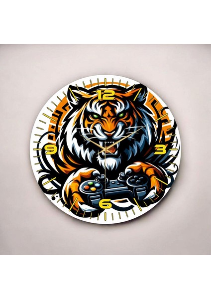 Renkli Baskı Gamer Kaplan Desenli Sayılı Hediyelik Ahşap Sessiz Duvar Saati 45CM fiyatları