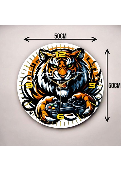 Renkli Baskı Gamer Kaplan Desenli Sayılı Hediyelik Ahşap Sessiz Duvar Saati 45CM modelleri