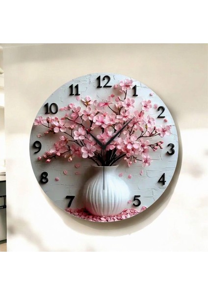 Renkli Baskı Çiçek Saksı Desenli Sayılı Hediyelik Ahşap Sessiz Duvar Saati 45CM