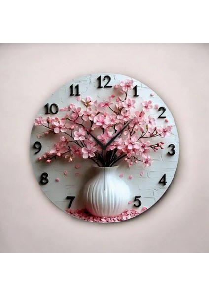 Renkli Baskı Çiçek Saksı Desenli Sayılı Hediyelik Ahşap Sessiz Duvar Saati 45CM fiyatları