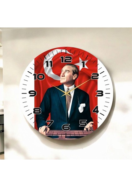 Renkli Baskı Atatürk Türk Bayrak Desenli Sayılı Hediyelik Ahşap Sessiz Duvar Saati 50CM