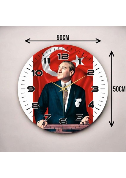 Renkli Baskı Atatürk Türk Bayrak Desenli Sayılı Hediyelik Ahşap Sessiz Duvar Saati 50CM