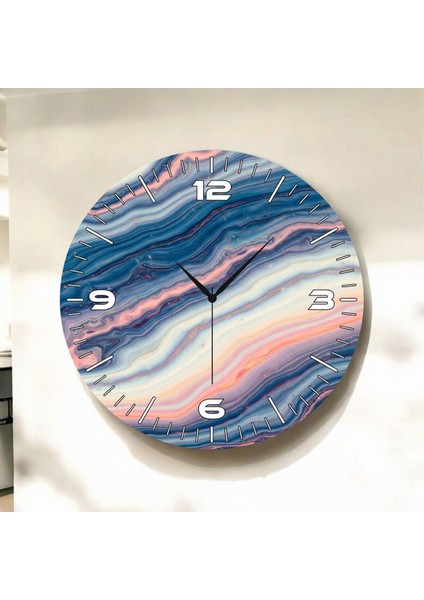 Modern Renkli Baskı Ebru Desenli Sayılı Hediyelik Ahşap Sessiz Duvar Saati 45CM