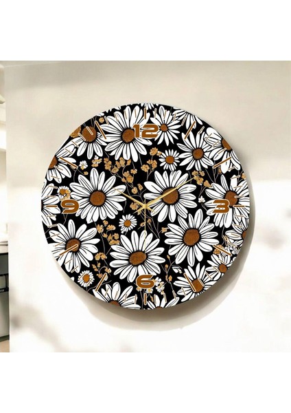 Renkli Baskı Papatya Desenli Sayılı Hediyelik Ahşap Sessiz Duvar Saati 45CM