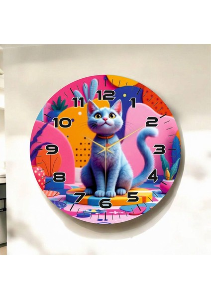 Çizgi Kedi Tasarımlı Renkli Baskı Desenli Sayılı Hediyelik Ahşap Sessiz Duvar Saati 50CM
