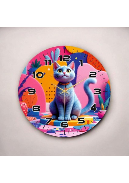 Çizgi Kedi Tasarımlı Renkli Baskı Desenli Sayılı Hediyelik Ahşap Sessiz Duvar Saati 50CM fiyatları