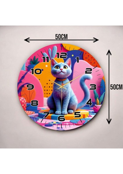 Çizgi Kedi Tasarımlı Renkli Baskı Desenli Sayılı Hediyelik Ahşap Sessiz Duvar Saati 50CM modelleri