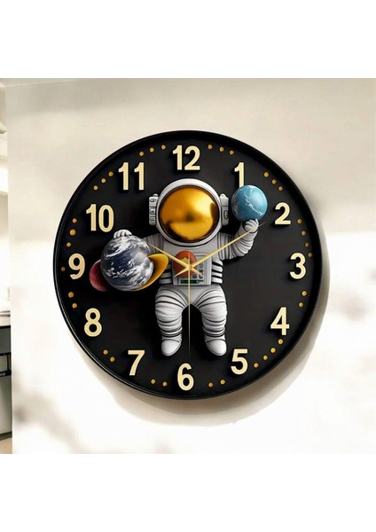 Renkli Baskı Astronot Çocuk Desenli Sayılı Hediyelik Ahşap Sessiz Duvar Saati 45CM
