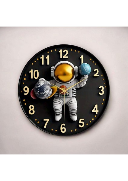 Renkli Baskı Astronot Çocuk Desenli Sayılı Hediyelik Ahşap Sessiz Duvar Saati 45CM fiyatları