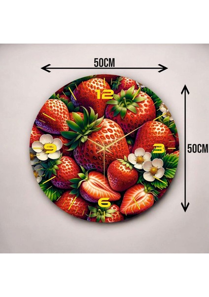Renkli Baskı Çilek Meyve Desenli Sayılı Hediyelik Ahşap Sessiz Duvar Saati 50CM