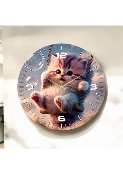 Renkli Baskı Kedi Çocuk Desenli Sayılı Hediyelik Ahşap Sessiz Duvar Saati 45CM