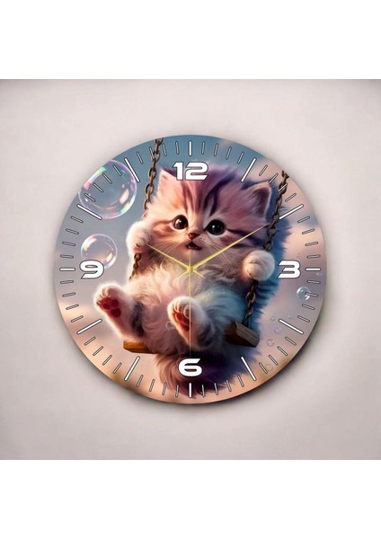 Renkli Baskı Kedi Çocuk Desenli Sayılı Hediyelik Ahşap Sessiz Duvar Saati 45CM fiyatları