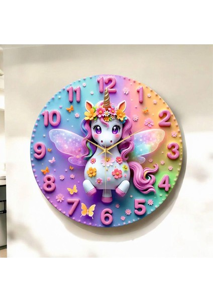 Renkli Baskı At Çocuk Desenli Sayılı Hediyelik Ahşap Sessiz Duvar Saati 50CM