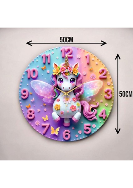 Renkli Baskı At Çocuk Desenli Sayılı Hediyelik Ahşap Sessiz Duvar Saati 50CM