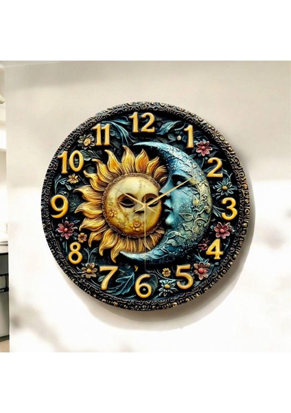 Güneş Ay Kabartma Görünümlü Renkli Baskı Desenli Sayılı Hediyelik Ahşap Sessiz Duvar Saati 45CM