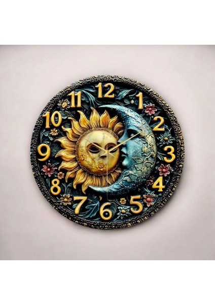 Güneş Ay Kabartma Görünümlü Renkli Baskı Desenli Sayılı Hediyelik Ahşap Sessiz Duvar Saati 45CM fiyatları
