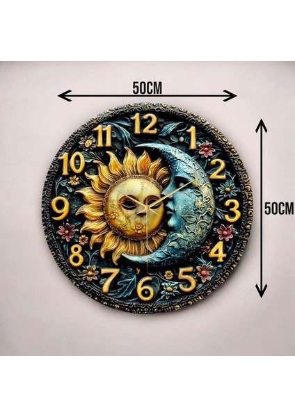 Güneş Ay Kabartma Görünümlü Renkli Baskı Desenli Sayılı Hediyelik Ahşap Sessiz Duvar Saati 45CM modelleri
