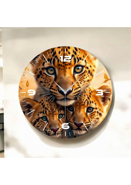 Renkli Baskı Leopar Yavrusu Desenli Sayılı Hediyelik Ahşap Sessiz Duvar Saati 45CM